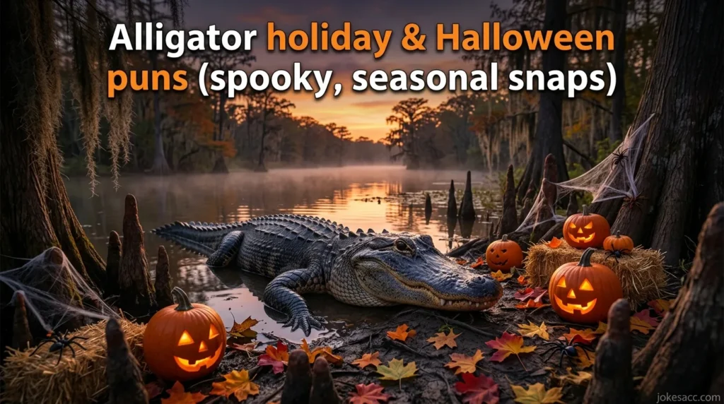Alligator holiday & Halloween puns (spooky, seasonal snaps)