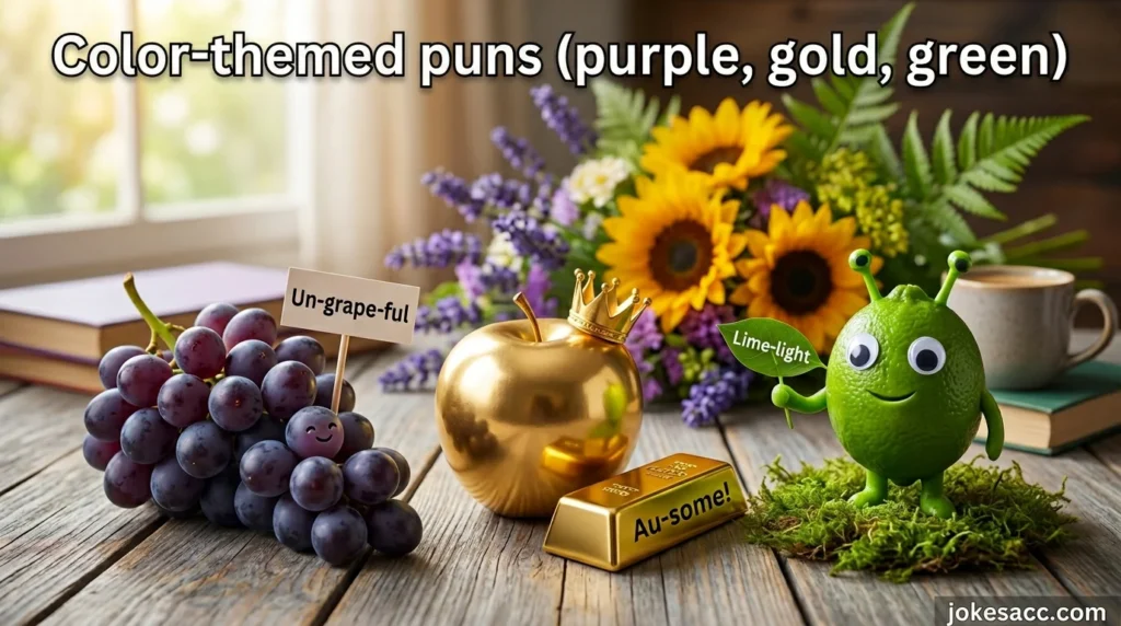 Color-themed puns (purple, gold, green)